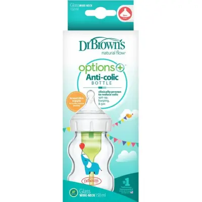 Dr Browns Geniş Ağız Anti-Kolik Options+ Desenli Cam Biberon Fil150 ml (1)