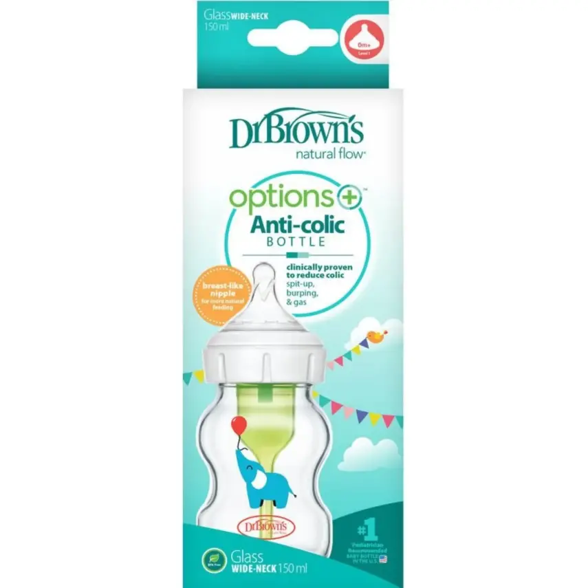 Dr Browns Geniş Ağız Anti-Kolik Options+ Desenli Cam Biberon Fil 150 ml - 2