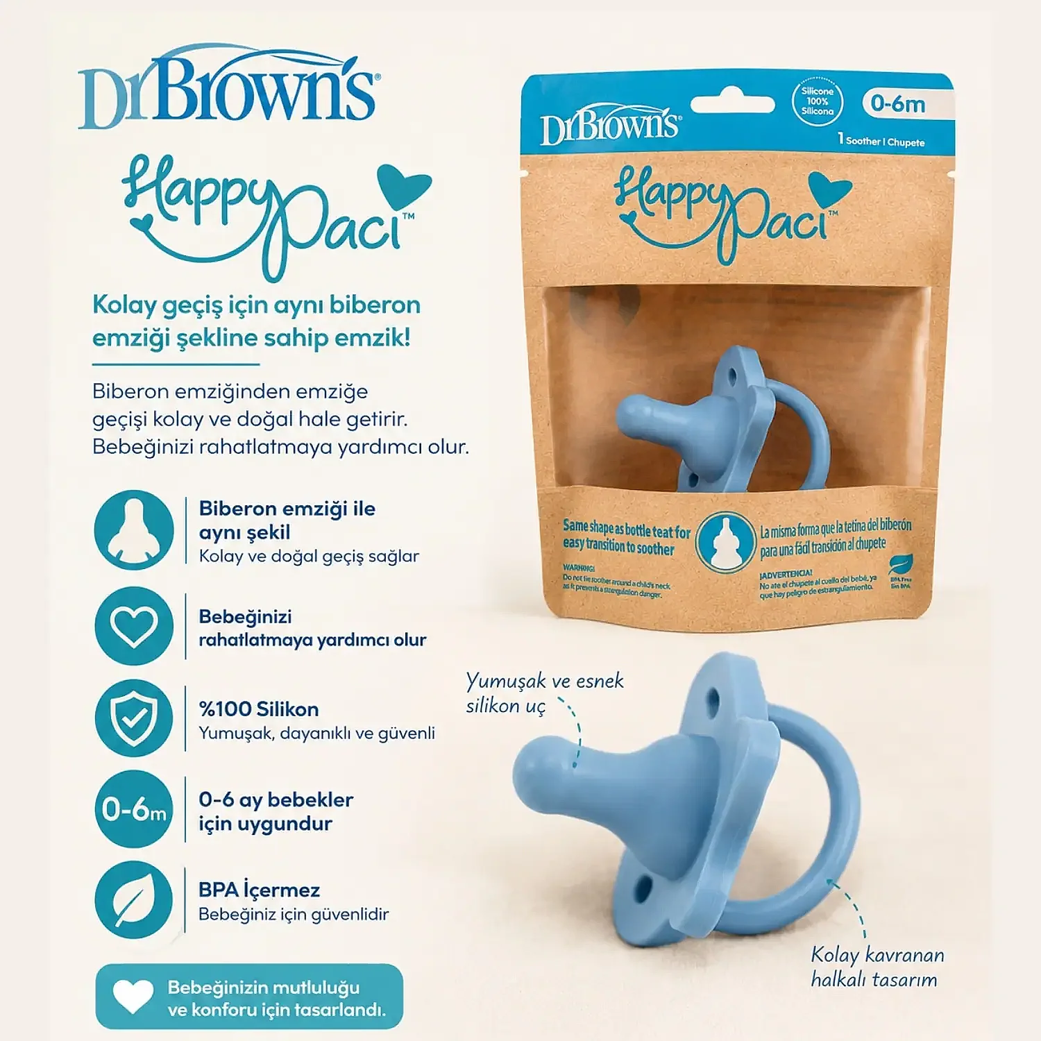 Dr Browns HappyPaci Silikon Emzik Tekli Paket 6+ Ay Mavi