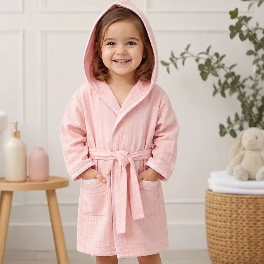 Ella Bonna Kapüşonlu Kız Erkek %100 Pamuklu Bornoz Müslin Pembe - 1