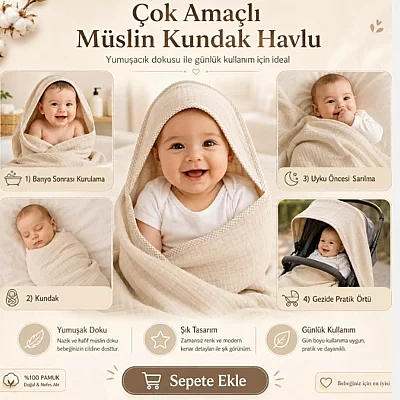 Ella Bonna Bebek Müslin %100 Pamuk Havlu Kundak 80x80cm Antrasit - 3