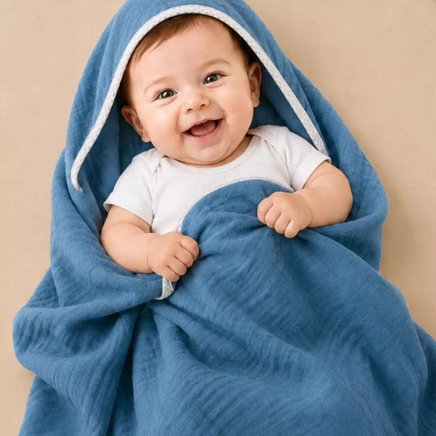 Ella Bonna Bebek Müslin %100 Pamuk Havlu Kundak 80x80cm İndigo - 1
