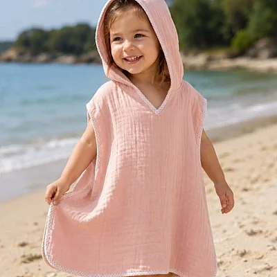 Ella Bonna %100 Pamuk Bebek Çocuk Müslin Panço Kapüşonlu Plaj Deniz Havuz Havlusu Pembe