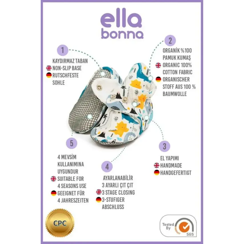 Ella Bonna Unisex Ev Botu Organik Pamuk Kaydırmaz Taban Dinazor - 5