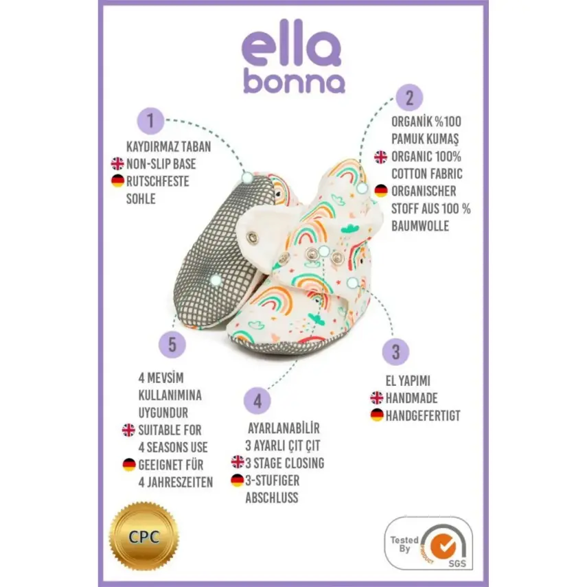 Ella Bonna Unisex Ev Botu Organik Pamuk Kaydırmaz Taban Gökkuşağı - 6