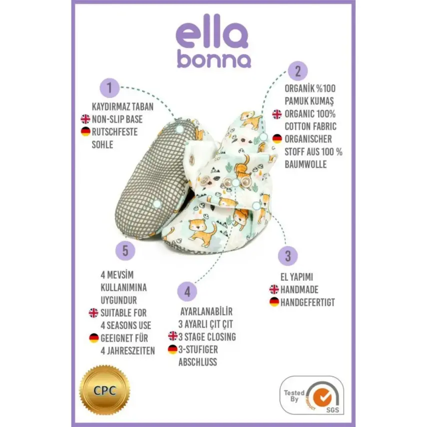 Ella Bonna Unisex Ev Botu Organik Pamuk Kaydırmaz Taban Kedi - 4