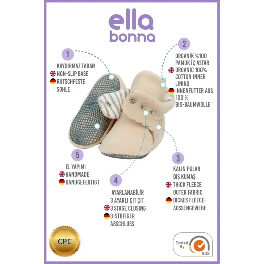 Ella Bonna Unisex Panduf Organik Pamuk Kaydırmaz Taban Bej - 7