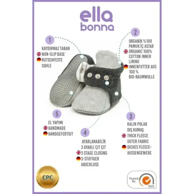 Ella Bonna Unisex Panduf Organik Pamuk Kaydırmaz Taban Gri - Antrasit - 4