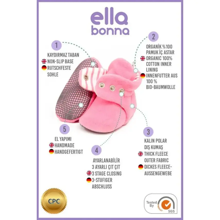 Ella Bonna Unisex Panduf Organik Pamuk Kaydırmaz Taban Pembe - 4