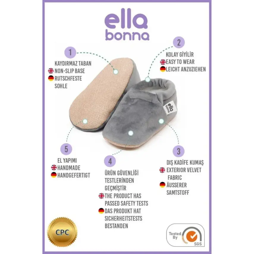 Ella Bonna Unisex Patik Kadife Kaydırmaz Taban Gri - 4