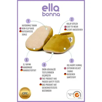 Ella Bonna Unisex Patik Kadife Kaydırmaz Taban Hardal - 2