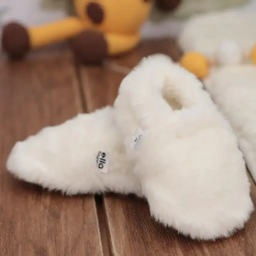 Ella Bonna Unisex Patik Organik Yumuşak Tüylü Kaydırmaz Taban Ekru - 15