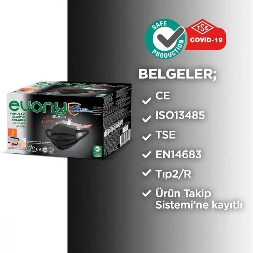 Evony Cerrahi Hijyenik Telli Maske 50li Siyah - 2