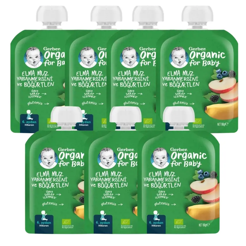 Gerber Organik Elmalı Muzlu Yabanmersinli Böğürtlenli Meyve Püresi 90 gr*7 - 1