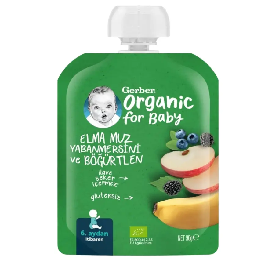 Gerber Organik Elmalı Muzlu Yabanmersinli Böğürtlenli Meyve Püresi 90 gr*7 - 2