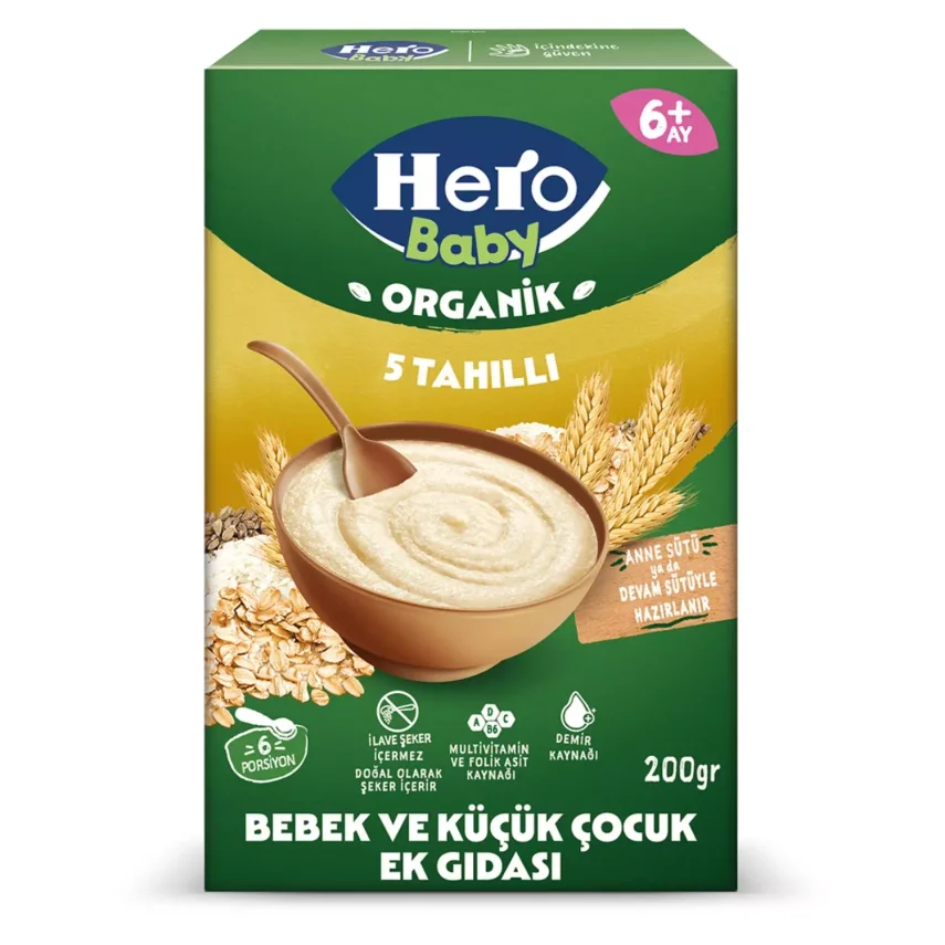 Hero Baby Organik Kaşık Maması Sütsüz 5 Tahıllı 200gr - 1