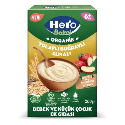Hero Baby Organik Kaşık Maması Sütsüz Buğday Yulaf Elma 200gr