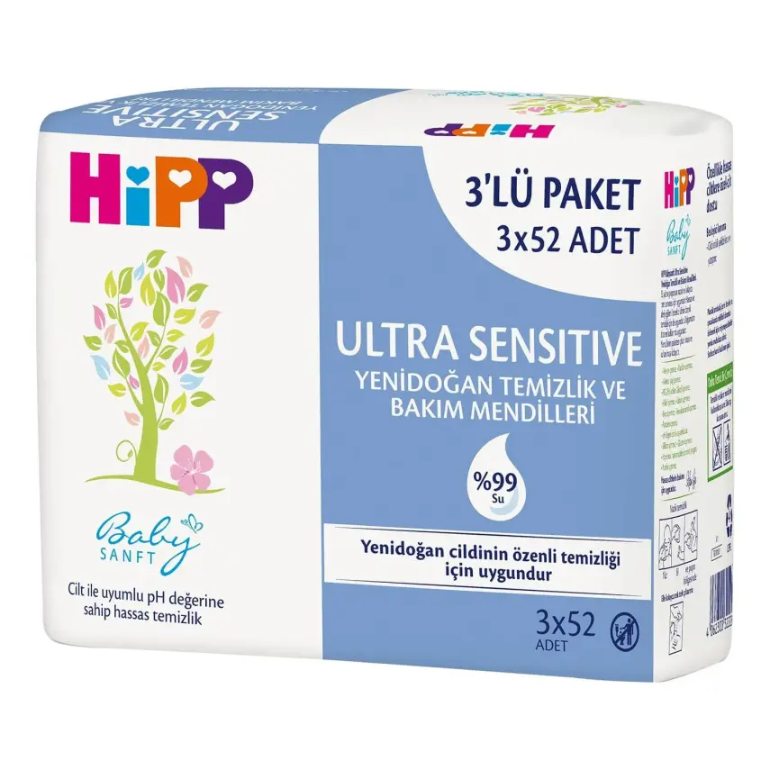 Hipp Ultra Sensitive Yenidoğan Temizlik ve Bakım Islak Mendili 3x52li - 1