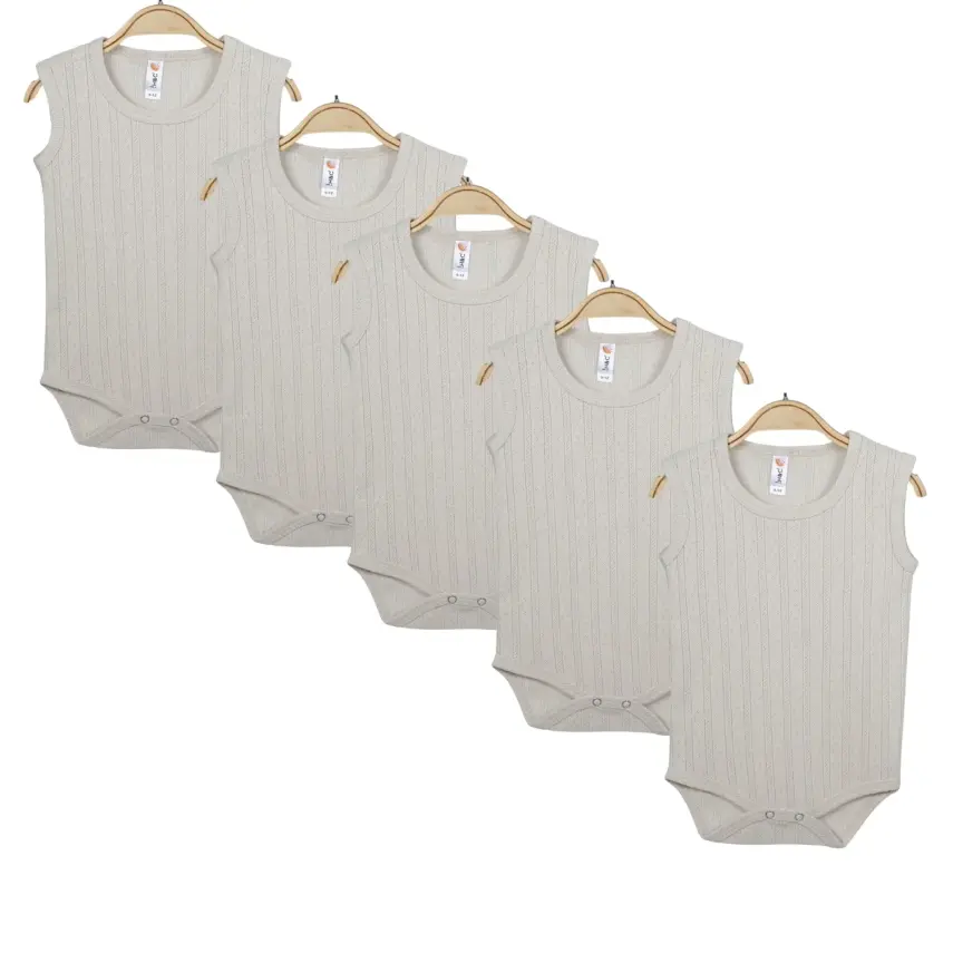 Hvc Bebek Atlet Body Jakarlı Pamuklu Çizgili Çıtçıtlı Zıbın Bej 5'li Set Unisex - 1