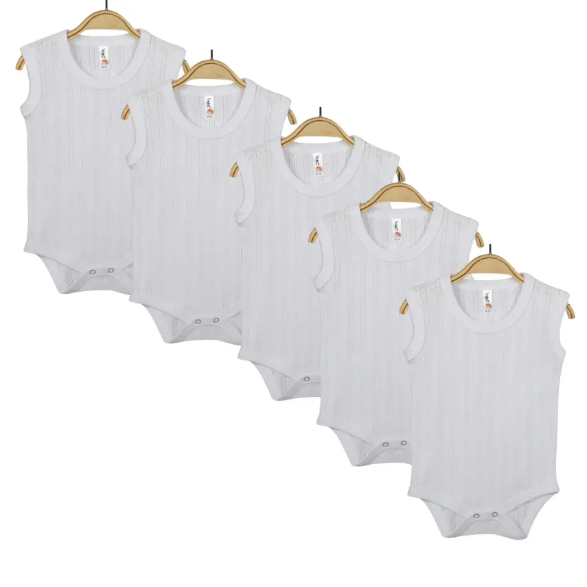 Hvc Bebek Atlet Body Jakarlı Pamuklu Çizgili Çıtçıtlı Zıbın Beyaz 5'li Set Unisex - 1