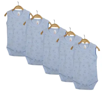 Hvc Bebek Atlet Body Jakarlı Pamuklu Kuzu Desenli Çıtçıtlı Zıbın Mavi 5'li Set Erkek Bebek