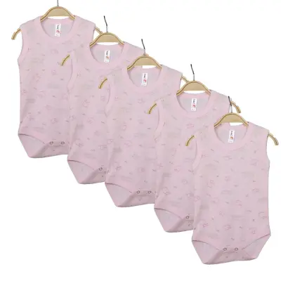 Hvc Bebek Atlet Body Jakarlı Pamuklu Kuzu Desenli Çıtçıtlı Zıbın Pembe 5'li Set Kız Bebek