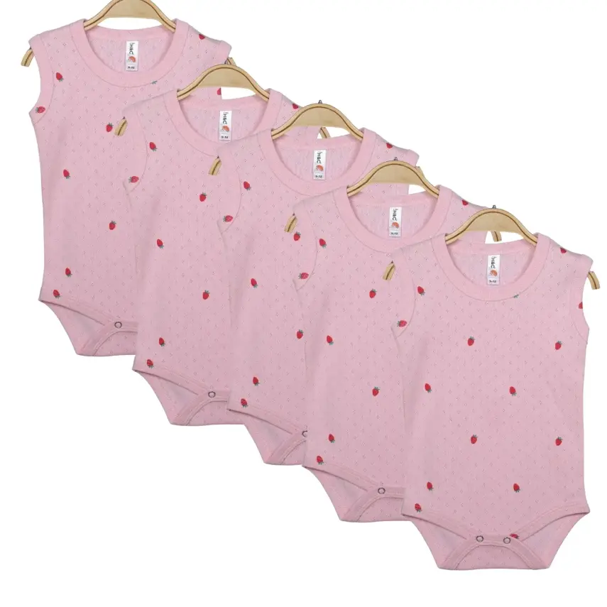 Hvc Bebek Atlet Body Jakarlı Pamuklu Meyve Desenli Çilek Çıtçıtlı Zıbın Pembe 5'li Set Kız Bebek  - 1