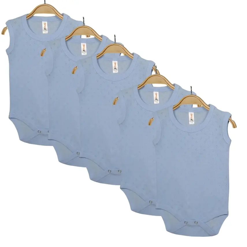 Hvc Bebek Atlet Body Jakarlı Pamuklu Nokta Desenli Çıtçıtlı Zıbın Mavi 5'li Set Erkek Bebek - 1