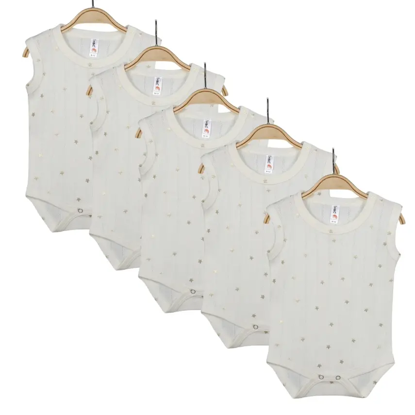 Hvc Bebek Atlet Body Jakarlı Pamuklu Yıldız Desenli Çıtçıtlı Zıbın Krem 5'li Set Kız Bebek - 1