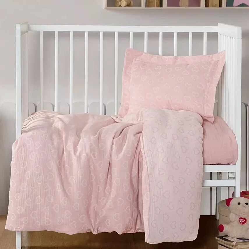 Kanz Jakarlı Müslin Bebek Nevresim Takımı Heartpembe 100x150 - 1
