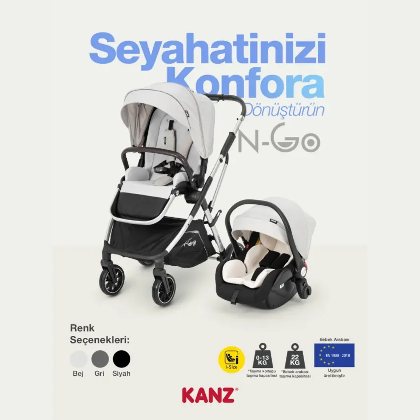 Kanz N-Go Çift Yönlü Tek Elle Katlanabilen Travel Sistem Bebek Arabası Bej - 13