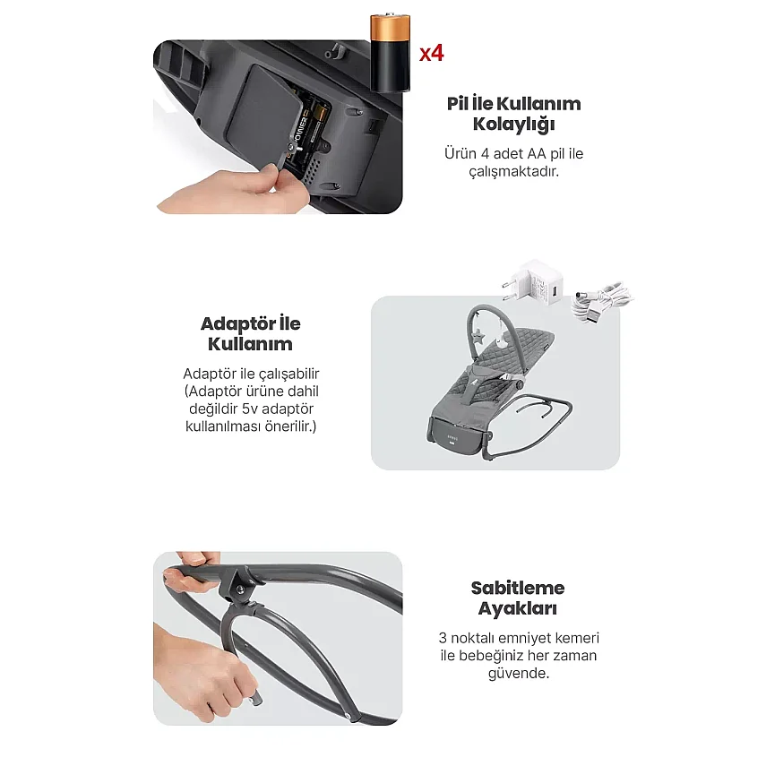 Kanz Robin Elektrikli Pilli Ana Kucağı Cool Grey - 5