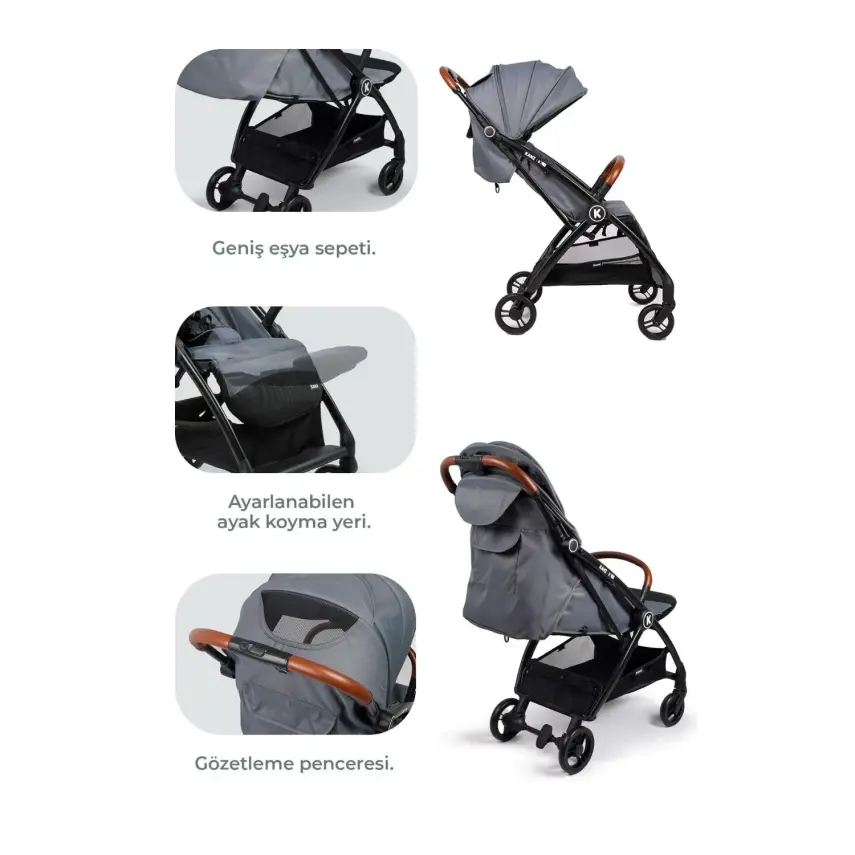 Kanz Xflop Tek Elle Otomatik Katlanır Kompakt Kabin Bebek Arabası Dark Grey - 5