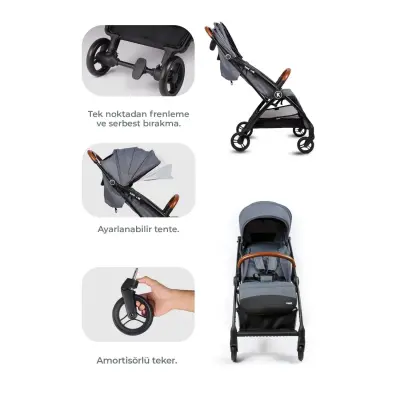 Kanz Xflop Tek Elle Otomatik Katlanır Kompakt Kabin Bebek Arabası Dark Grey - 6