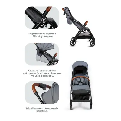 Kanz Xflop Tek Elle Otomatik Katlanır Kompakt Kabin Bebek Arabası Dark Grey - 8