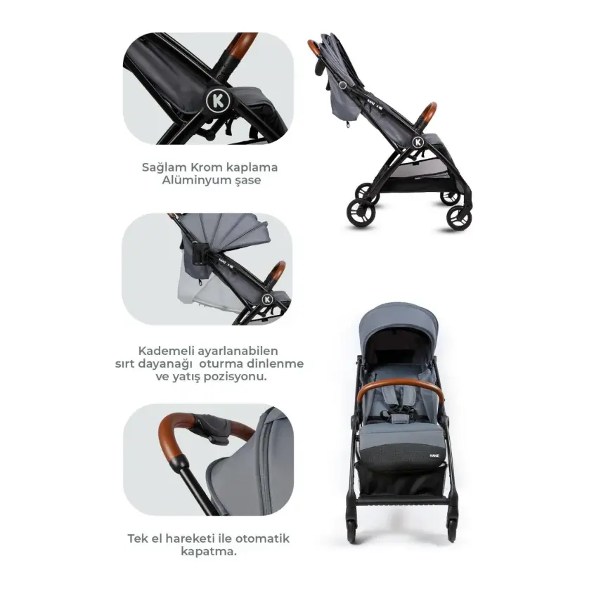 Kanz Xflop Tek Elle Otomatik Katlanır Kompakt Kabin Bebek Arabası Dark Grey - 8