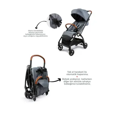 Kanz Xflop Tek Elle Otomatik Katlanır Kompakt Kabin Bebek Arabası Dark Grey - 4
