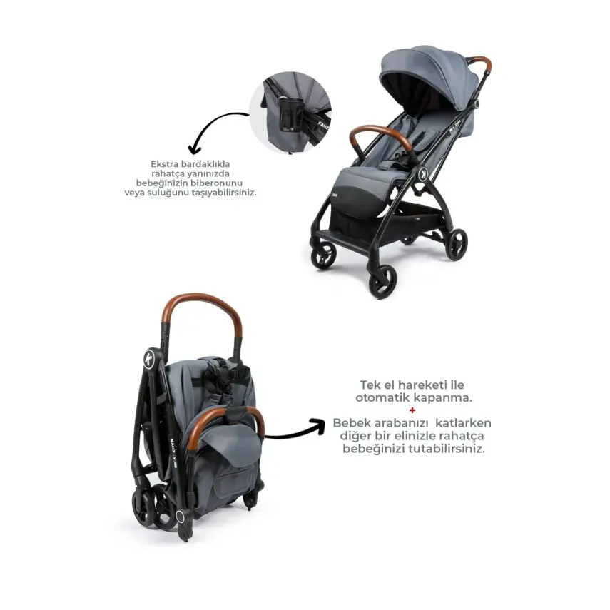 Kanz Xflop Tek Elle Otomatik Katlanır Kompakt Kabin Bebek Arabası Dark Grey - 4