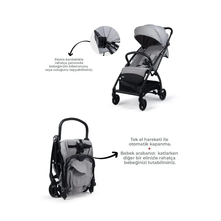 Kanz Xflop Tek Elle Otomatik Katlanır Kompakt Kabin Bebek Arabası Ultimate Grey - 3