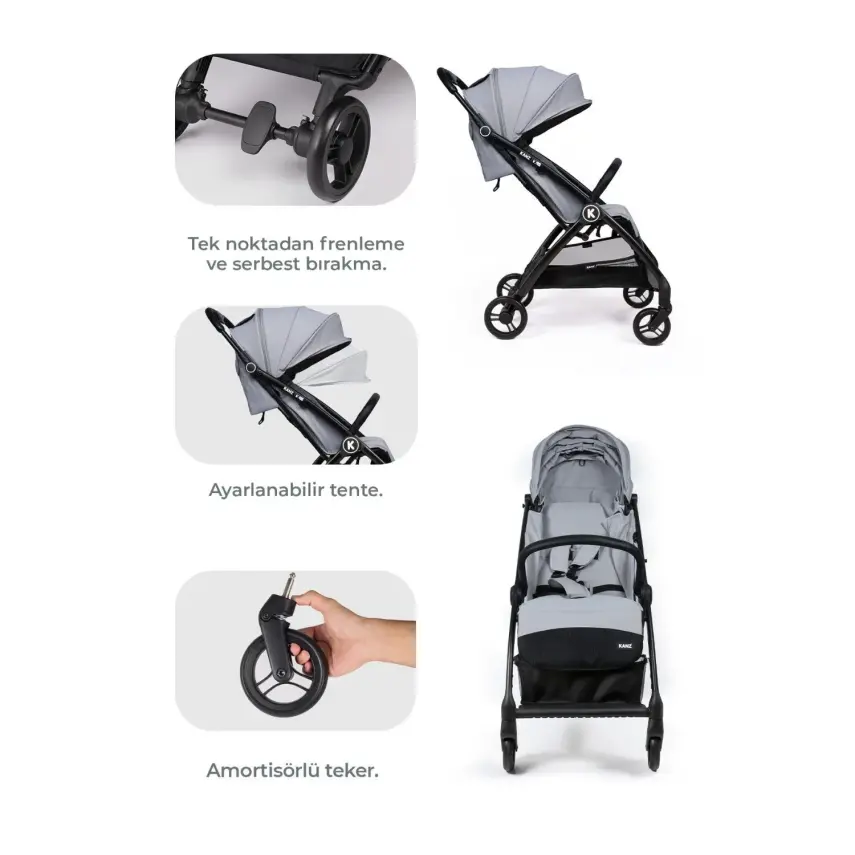 Kanz Xflop Tek Elle Otomatik Katlanır Kompakt Kabin Bebek Arabası Ultimate Grey - 6
