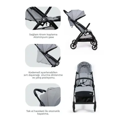 Kanz Xflop Tek Elle Otomatik Katlanır Kompakt Kabin Bebek Arabası Ultimate Grey - 8