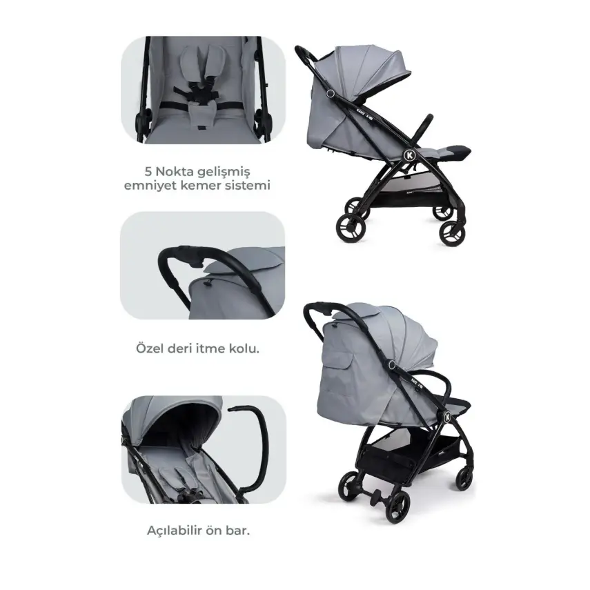 Kanz Xflop Tek Elle Otomatik Katlanır Kompakt Kabin Bebek Arabası Ultimate Grey - 7