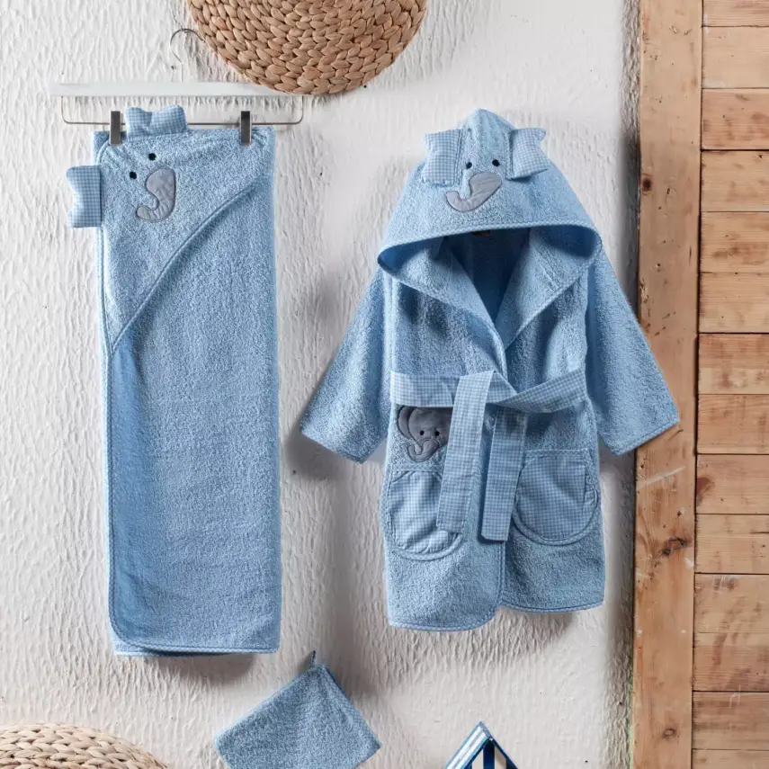 Kidboo Bornoz Seti 3lü Fil Mavi - 1