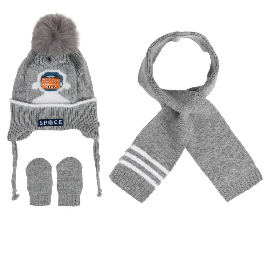 Kitti Erkek Bebek Eldiven Atkı Bere Takım 0-18 Ay Açık Gri  - 1