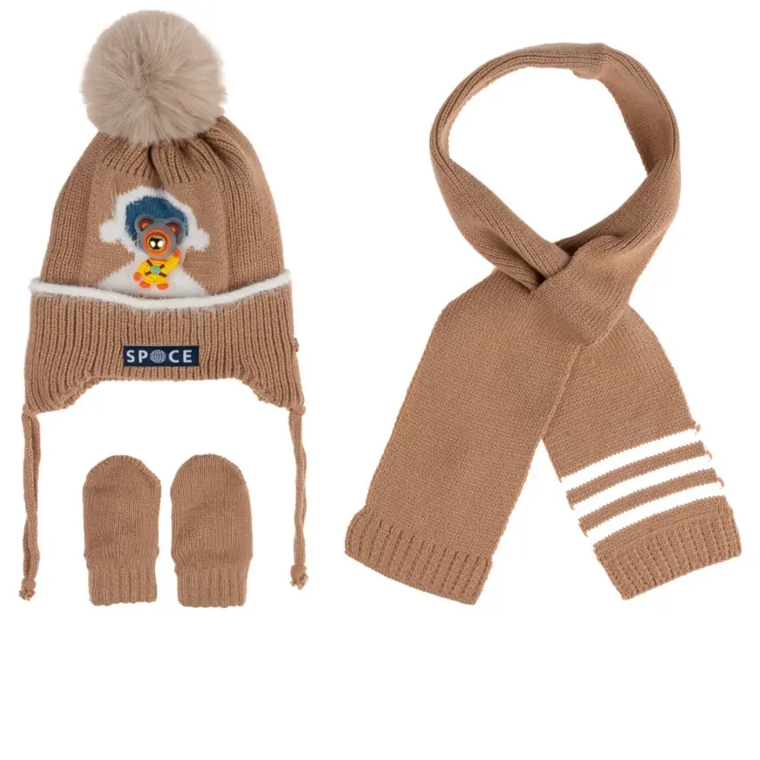 Kitti Erkek Bebek Eldiven Atkı Bere Takım 0-18 Ay Açık Kahve - 1