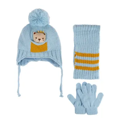 Kitti Erkek Bebek Eldiven Atkı Bere Takım 0-18 Ay Açık Mavi