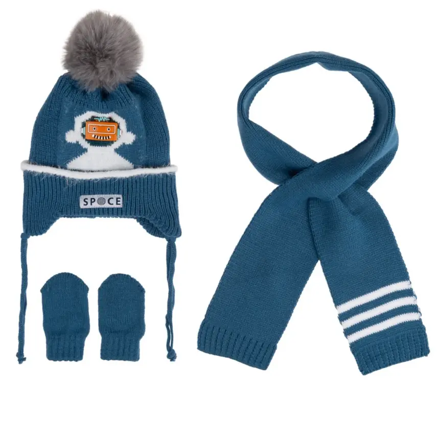 Kitti Erkek Bebek Eldiven Atkı Bere Takım 0-18 Ay Açık Petrol  - 1