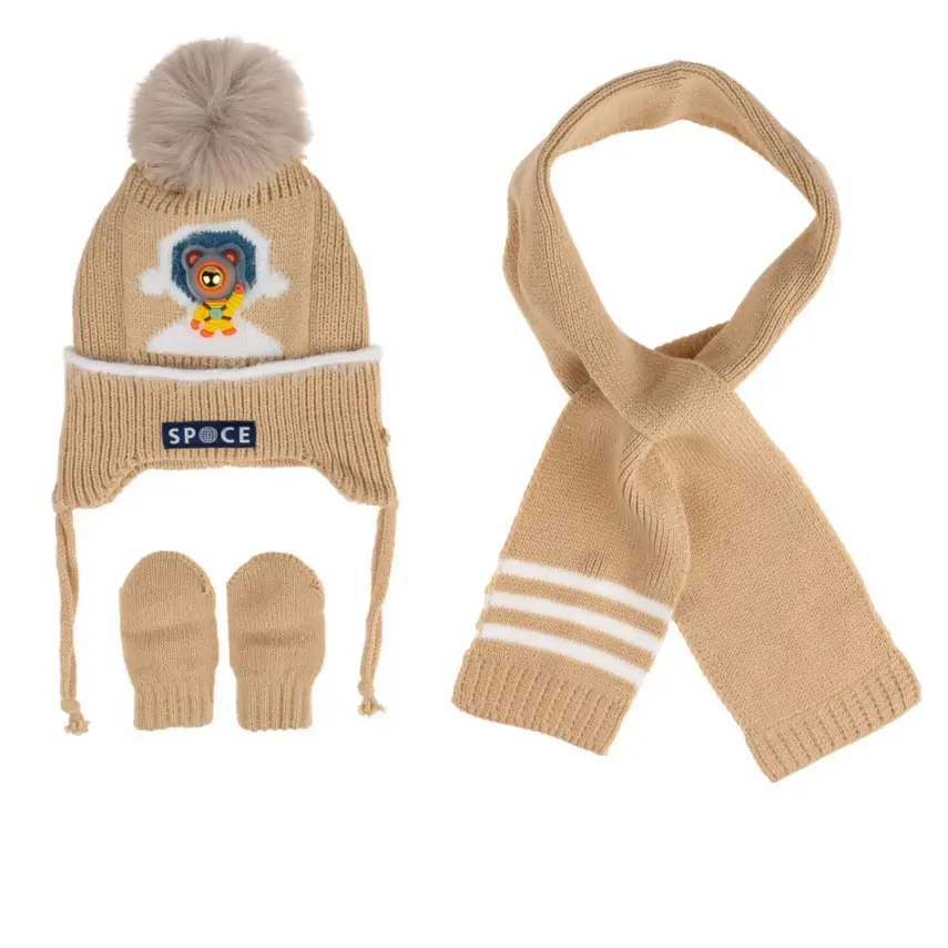 Kitti Erkek Bebek Eldiven Atkı Bere Takım 0-18 Ay Bej - 1