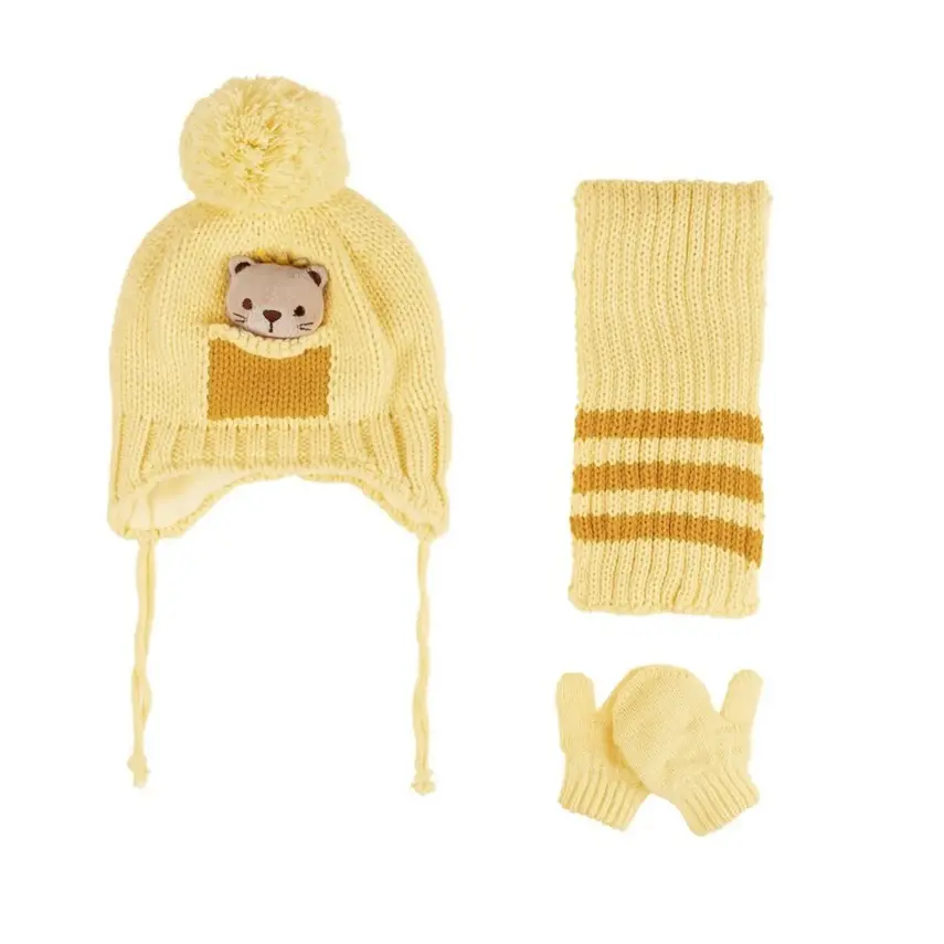 Kitti Erkek Bebek Eldiven Atkı Bere Takım 0-18 Ay Sarı Asortili - 1