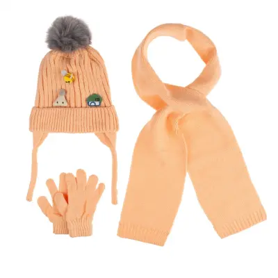Kitti Kız Bebek Eldiven Atkı Bere Takım 1-4Yaş Şeftali  